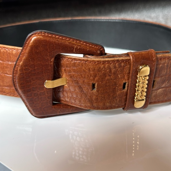 Vintage Crocodile Embossed Leather Wide Belt Brown Tan Gold Accents 90’s main image 13